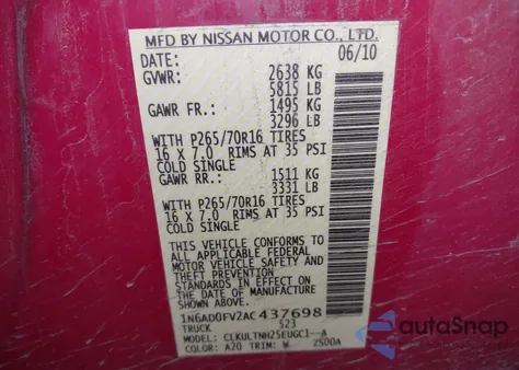 2010 Nissan Frontier Se z USA, uszkodzony, nr VIN 1N6AD0FV2AC437698